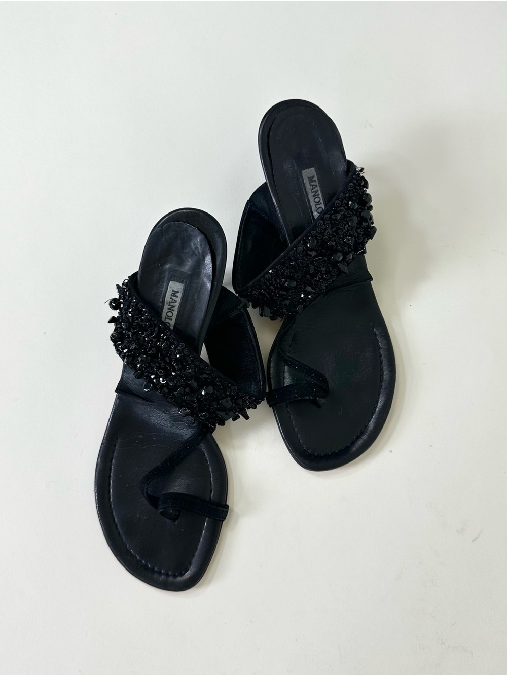 Vintage Manolo Blahnik Black Beaded Thong/Toe-Loop Ring Kitten Heel Sandals
